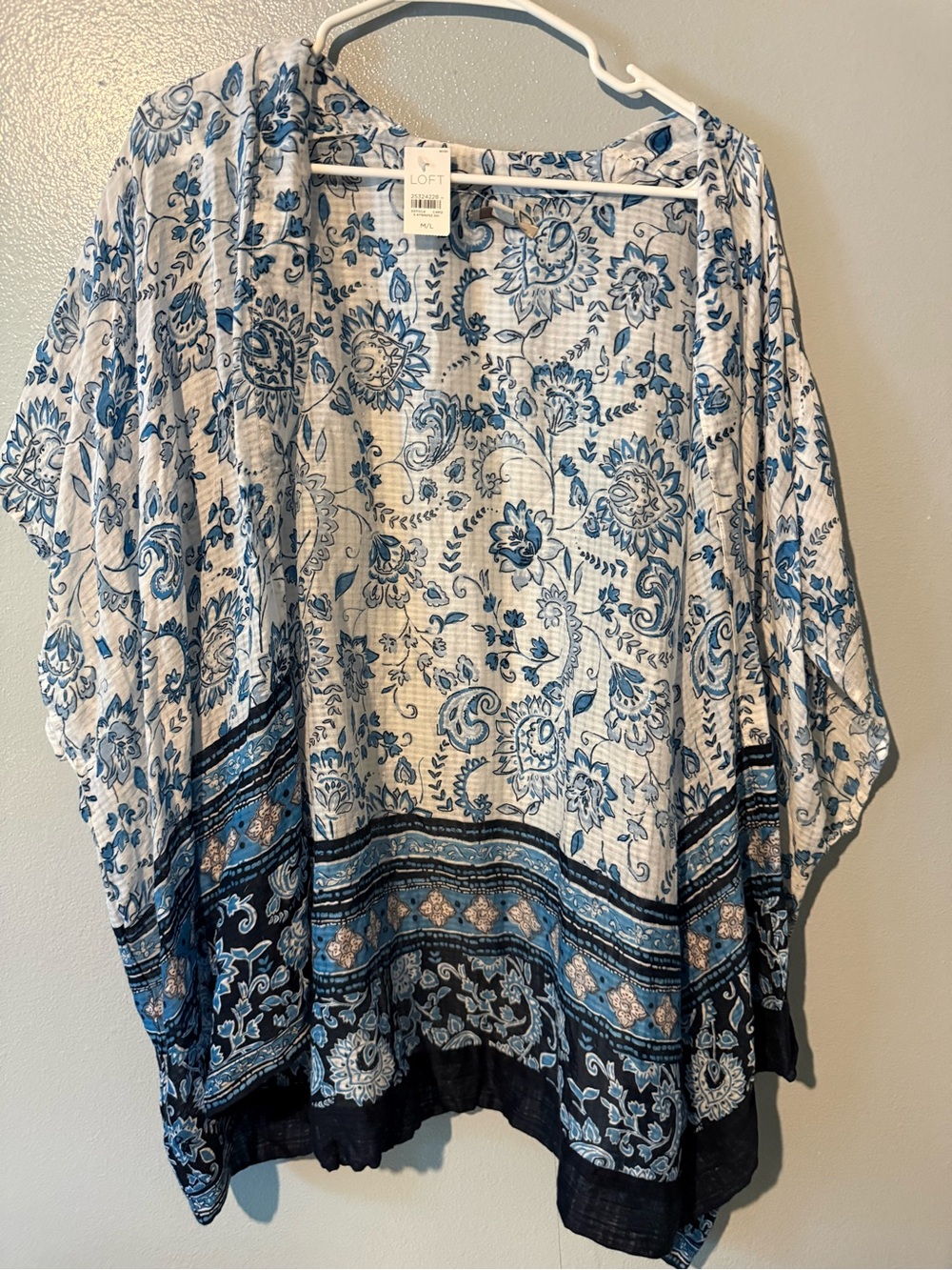 LOFT White and Blue Floral Open Front Kimono